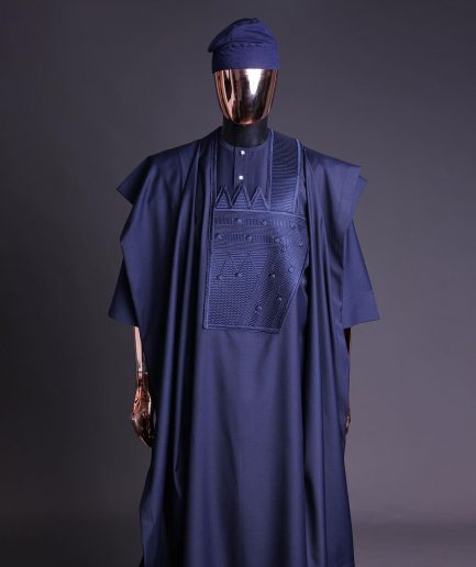 A Navy blue, triple v, squared 7 monochrome embroidery details Agbada