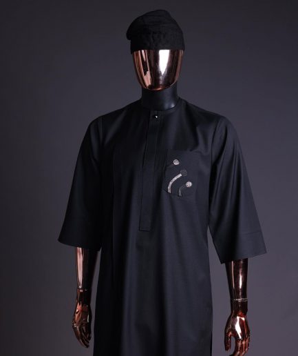 A Charcoal black, a thrown javelin metallic wire embroidery details agbada, 3/4 sleeve kaftan & sokoto