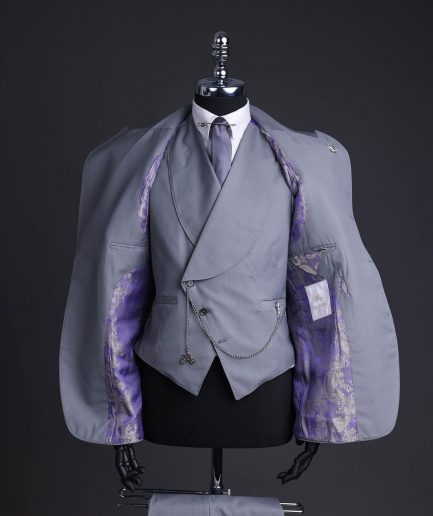 A Dark cloud grey, knitted, peak lapel suit, double breasted waist coat & pant Trouser