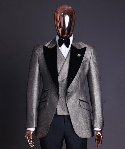 A Gold, Black And Silver Mix Metallic Jacquard, Peak Lapel Tuxedo Suit.