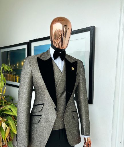 A Gold, Black And Silver Mix Metallic Jacquard, Peak Lapel Tuxedo Suit.