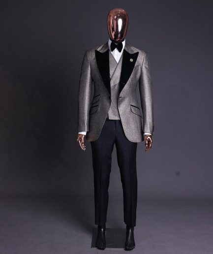A Gold, Black And Silver Mix Metallic Jacquard, Peak Lapel Tuxedo Suit.
