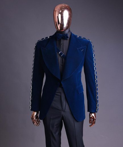 A Midnight Blue, soaked velvet fabric, knitted, wide peak lapel tuxedo suit
