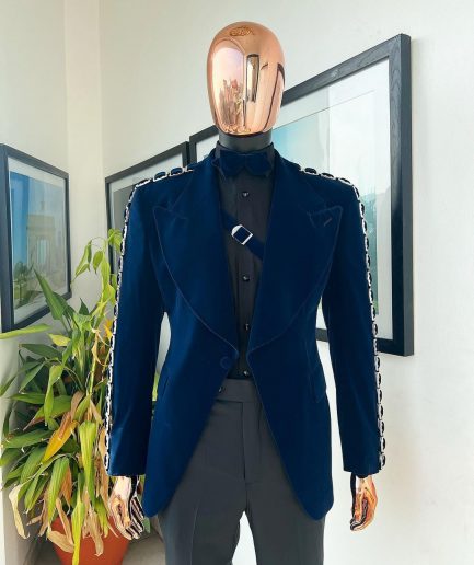 A Midnight Blue, soaked velvet fabric, knitted, wide peak lapel tuxedo suit