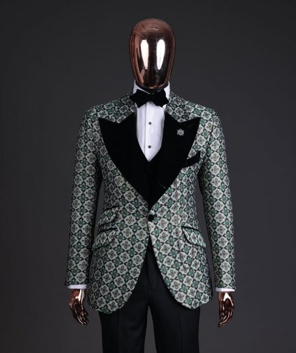 A Pine, pistachio green and black mix metallic jacquard, peak lapel tuxedo suit