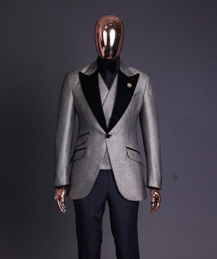 A Gold, black and silver mix metallic jacquard, peak lapel tuxedo suit