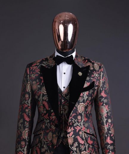A Gold, peach & black mix metallic jacquard, peak lapel tuxedo suit
