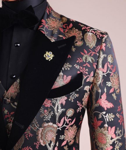 A Gold, peach and black mix metallic jacquard, peak lapel tuxedo suit