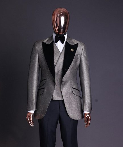 A Gold, Black And Silver Mix Metallic Jacquard, Peak Lapel Tuxedo Suit.