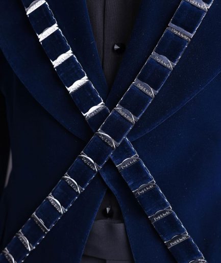 An “X” Midnight Blue, soaked velvet fabric, knitted, wide peak lapel tuxedo suit