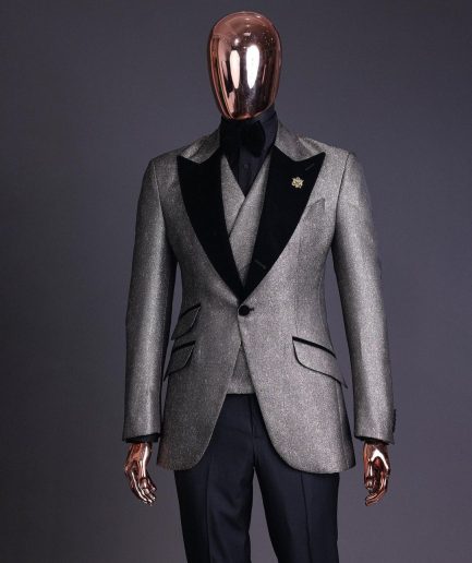 A Gold, black and silver mix metallic jacquard, peak lapel tuxedo suit