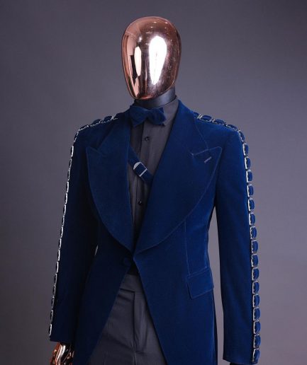 A Midnight Blue, soaked velvet fabric, knitted, wide peak lapel tuxedo suit