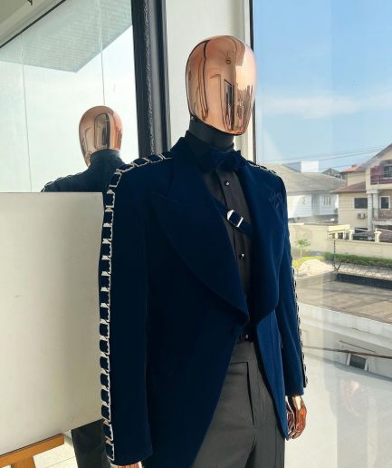 A Midnight Blue, soaked velvet fabric, knitted, wide peak lapel tuxedo suit