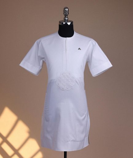 A bright white, zip line with embroidery details, short sleeve African kaftan