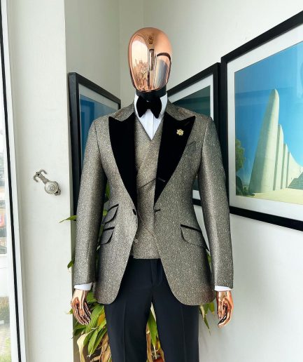 A Gold, Black And Silver Mix Metallic Jacquard, Peak Lapel Tuxedo Suit.