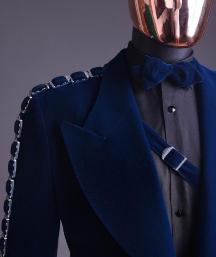 A Midnight Blue, soaked velvet fabric, knitted, wide peak lapel tuxedo suit