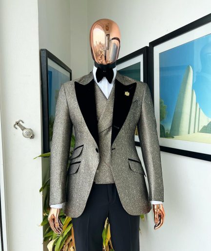 A Gold, Black And Silver Mix Metallic Jacquard, Peak Lapel Tuxedo Suit.