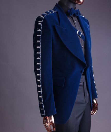 A Midnight Blue, soaked velvet fabric, knitted, wide peak lapel tuxedo suit