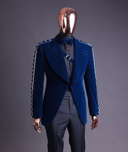 A Midnight Blue, soaked velvet fabric, knitted, wide peak lapel tuxedo suit