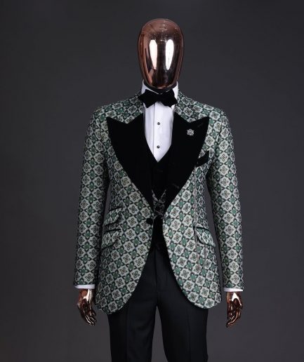 A Pine, pistachio green and black mix metallic jacquard, peak lapel tuxedo suit