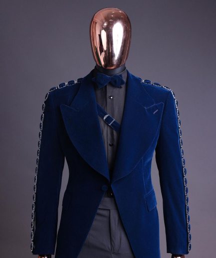 A Midnight Blue, soaked velvet fabric, knitted, wide peak lapel tuxedo suit