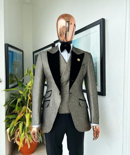 A Gold, Black And Silver Mix Metallic Jacquard, Peak Lapel Tuxedo Suit.