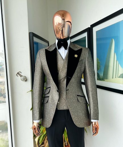 A Gold, Black And Silver Mix Metallic Jacquard, Peak Lapel Tuxedo Suit.