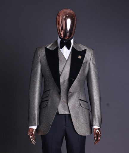 A Gold, Black And Silver Mix Metallic Jacquard, Peak Lapel Tuxedo Suit.