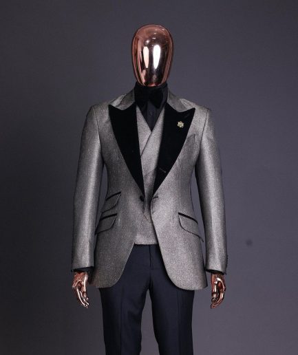 A Gold, black and silver mix metallic jacquard, peak lapel tuxedo suit