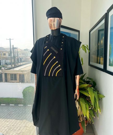 A Charcoal black, a thrown javelin metallic wire embroidery details agbada, 3/4 sleeve kaftan & sokoto