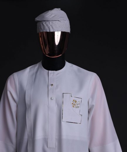 A White, curved and square shaped pocket with floral embrodery details, 3/4 sleeve African senator kaftan native.