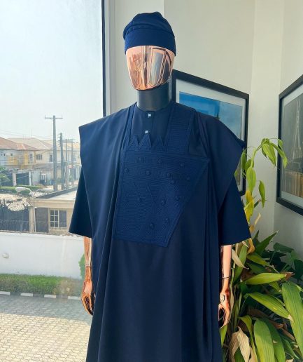 A Navy blue, triple v, squared 7 monochrome embroidery details Agbada