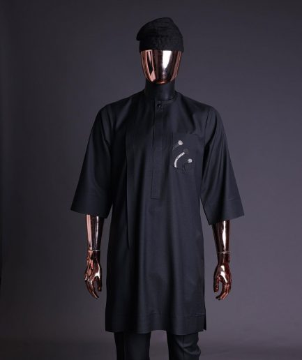 A charcoal black, thrown javelin embrodery details, 3/4 sleeve African senator kaftan native.
