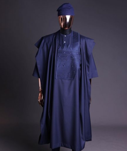 A Navy blue, triple v, squared 7 monochrome embroidery details Agbada