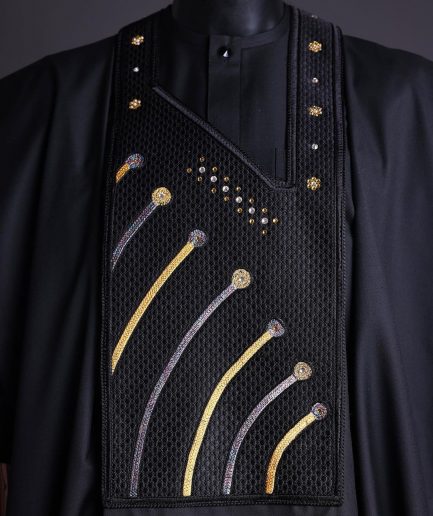A Charcoal black, a thrown javelin metallic wire embroidery details agbada, 3/4 sleeve kaftan & sokoto