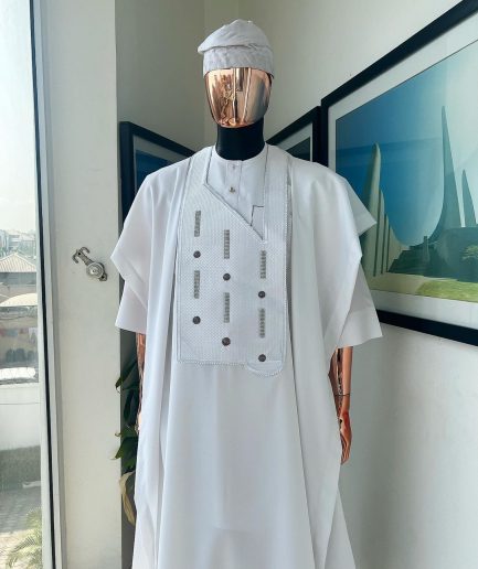 A White, Layered Dropping Swarovski Pleats, Dotted Metallic Wire Embroidery Details Agbada