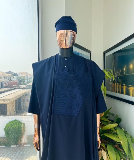 A Navy blue, triple v, squared 7 monochrome embroidery details Agbada