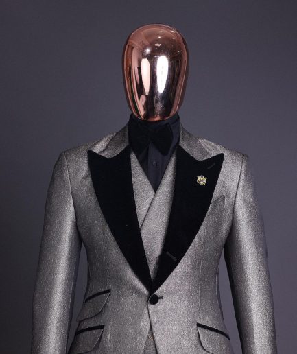 A Gold, black and silver mix metallic jacquard, peak lapel tuxedo suit