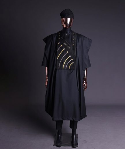 A Charcoal black, a thrown javelin metallic wire embroidery details agbada, 3/4 sleeve kaftan & sokoto