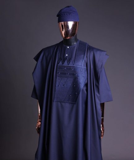 A Navy blue, triple v, squared 7 monochrome embroidery details Agbada