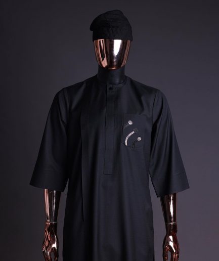 A charcoal black, thrown javelin embrodery details, 3/4 sleeve African senator kaftan native.