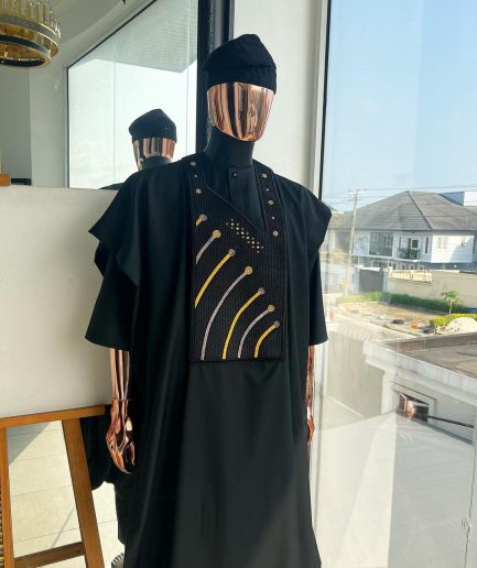 A Charcoal black, a thrown javelin metallic wire embroidery details agbada, 3/4 sleeve kaftan & sokoto