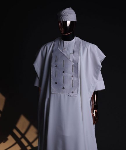 A White, Layered Dropping Swarovski Pleats, Dotted Metallic Wire Embroidery Details Agbada