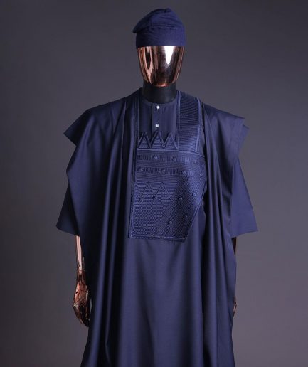 A Navy blue, triple v, squared 7 monochrome embroidery details Agbada