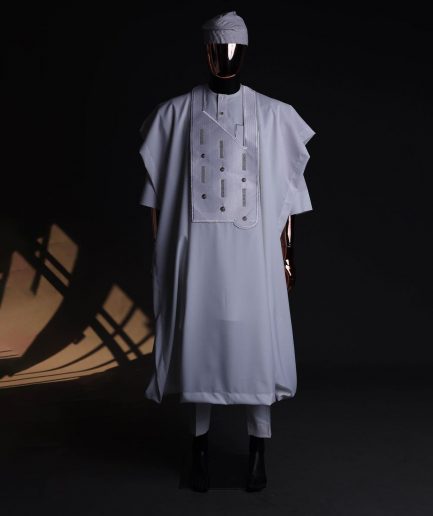 A White, Layered Dropping Swarovski Pleats, Dotted Metallic Wire Embroidery Details Agbada