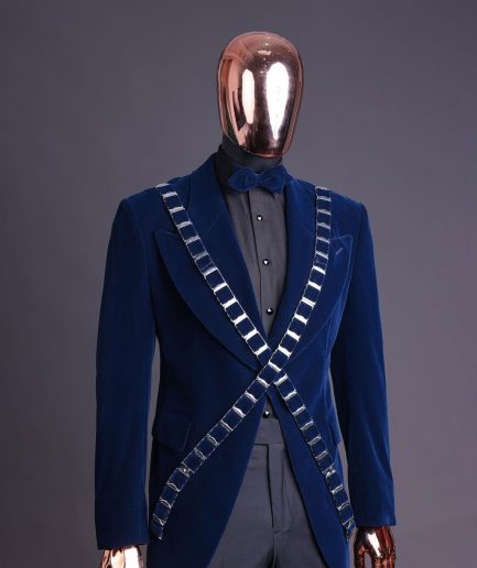 An “X” Midnight Blue, soaked velvet fabric, knitted, wide peak lapel tuxedo suit