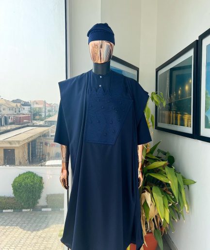 A Navy blue, triple v, squared 7 monochrome embroidery details Agbada