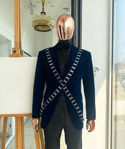 An “X” Midnight Blue, soaked velvet fabric, knitted, wide peak lapel tuxedo suit