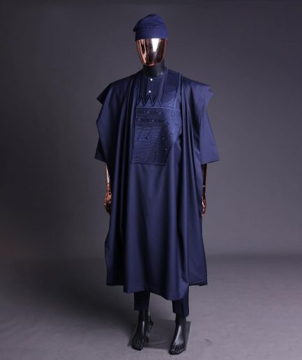A Navy blue, triple v, squared 7 monochrome embroidery details Agbada