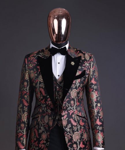 A Gold, peach & black mix metallic jacquard, peak lapel tuxedo suit